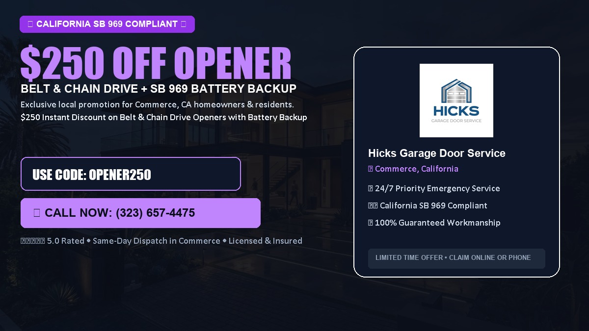 $250 OFF Smart Garage Door Opener Installation (Belt & Chain Drive with California SB 969 Battery Backup) in Commerce, CA